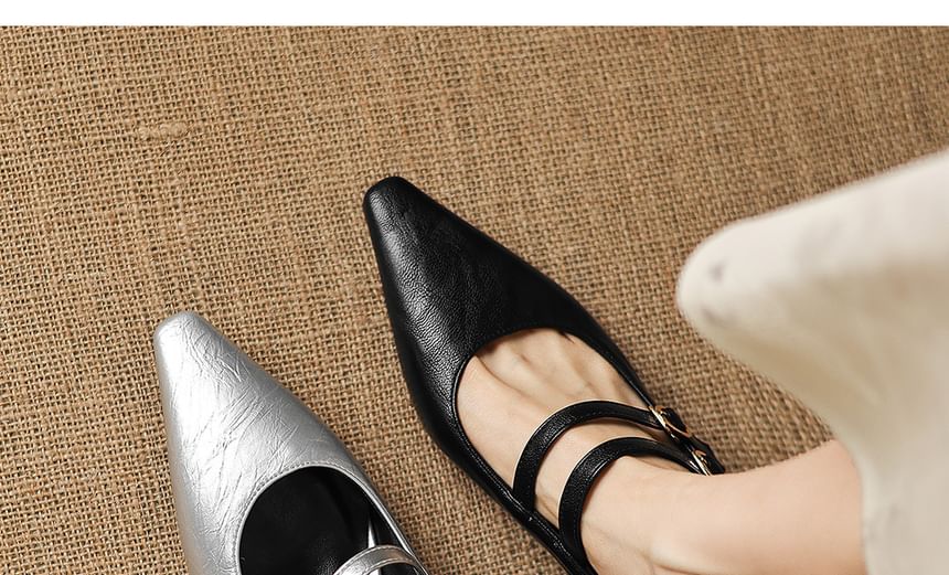 High Heel Pointed Toe Double Strap Plain Faux Leather Mary Jane Mules