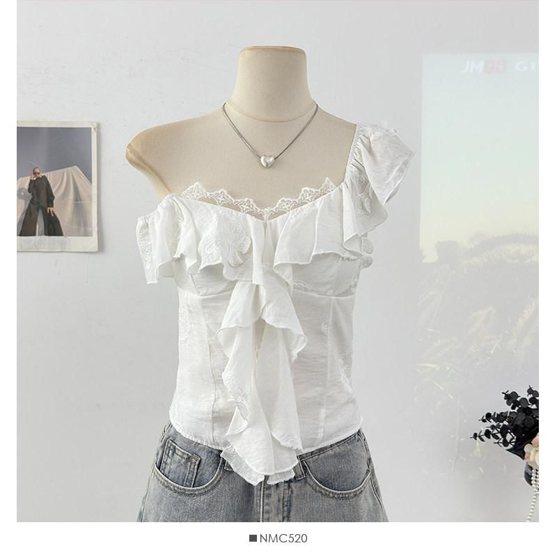 Cap-Sleeve V-Neck Ruffled Top