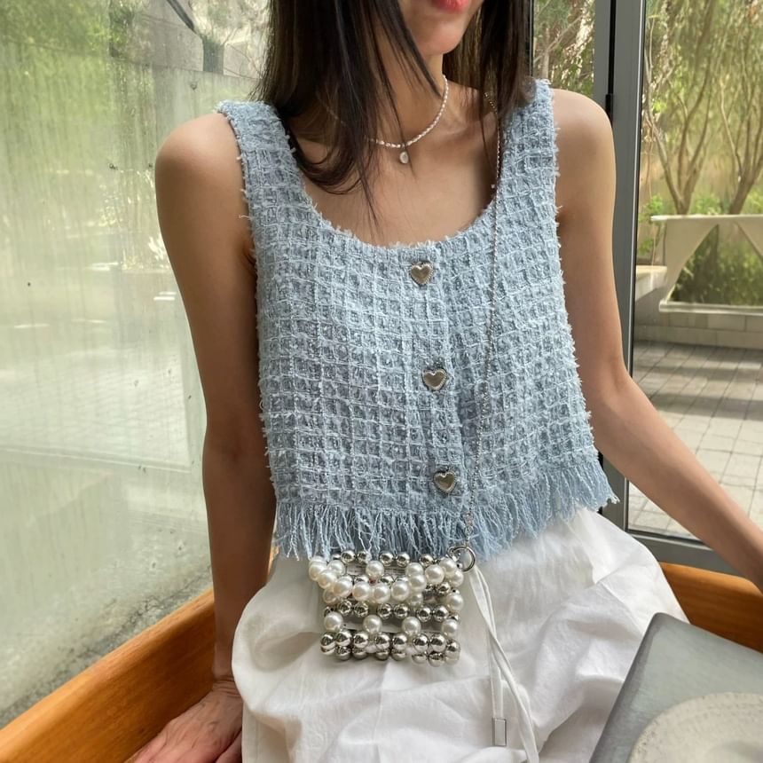 Tweed Tassel Round Neck Tank Top