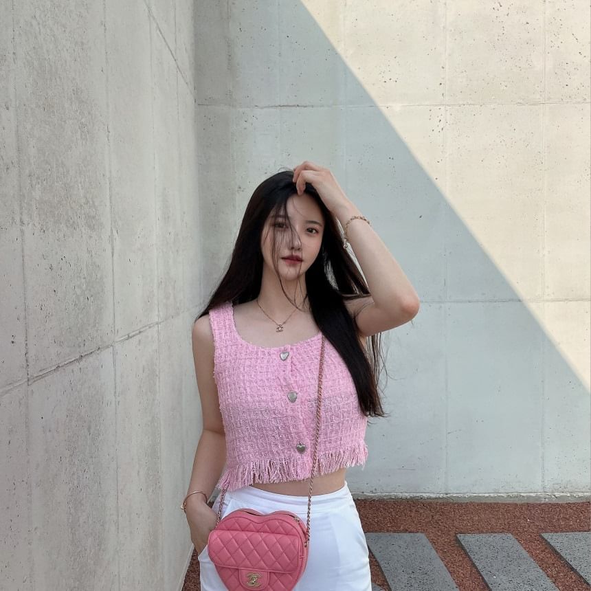 Tweed Tassel Round Neck Tank Top