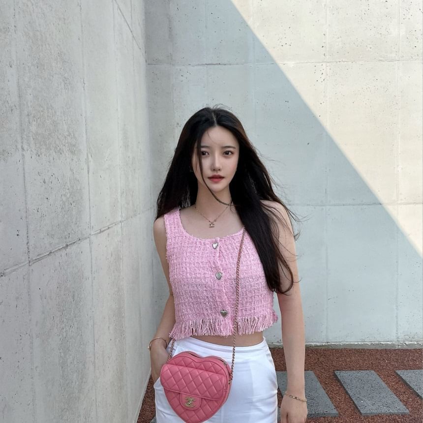 Tweed Tassel Round Neck Tank Top
