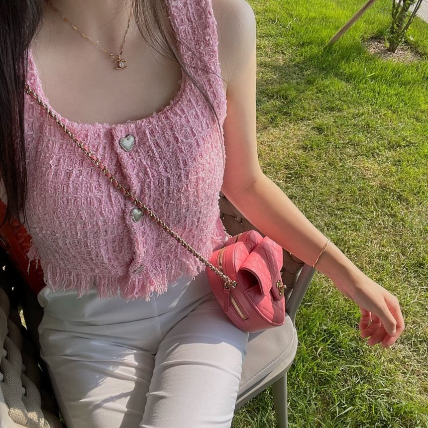 Tweed Tassel Round Neck Tank Top
