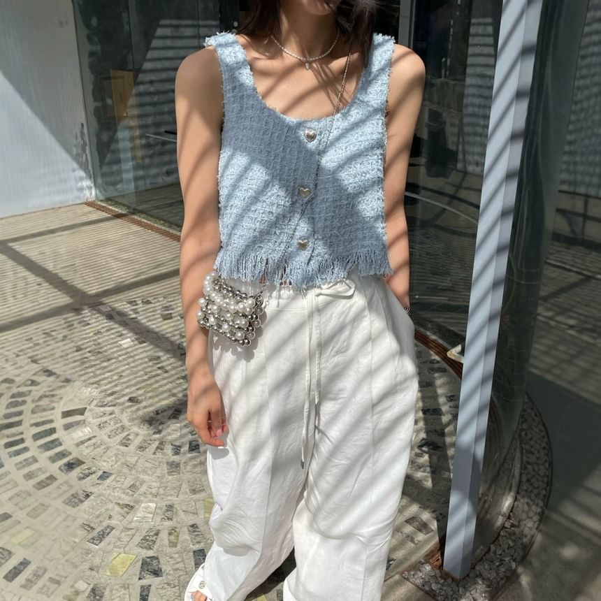 Tweed Tassel Round Neck Tank Top