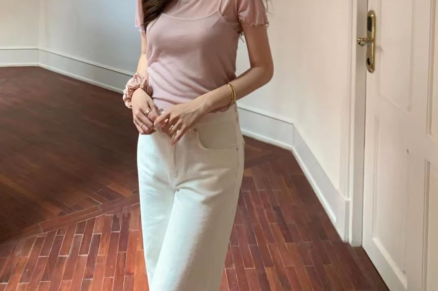 Ruffled-Trim Short Sleeve Top with Camisole Set