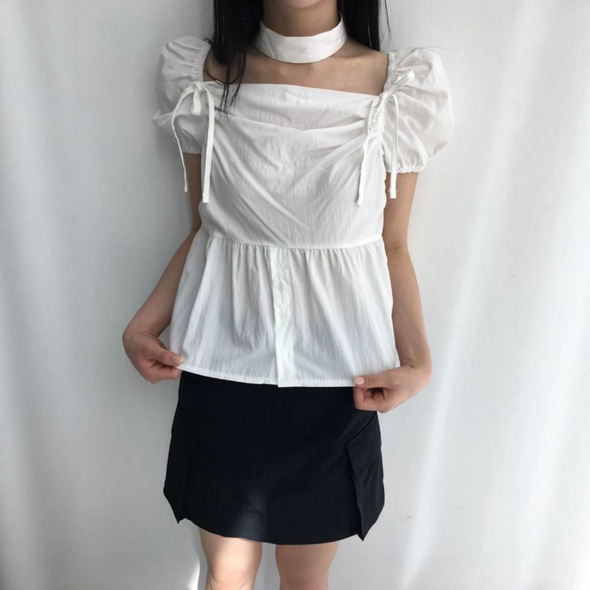 Puff Sleeve Square-Neck Peplum Blouse