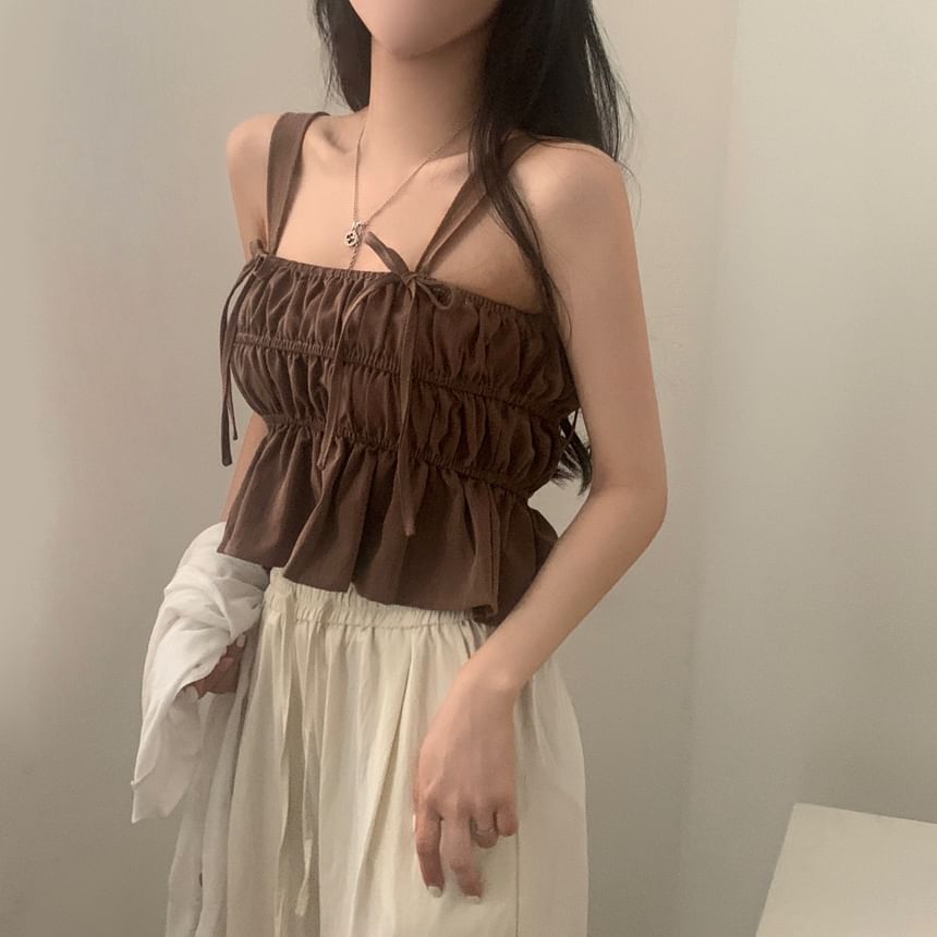 Ruched Peplum Square Neck Tie Strap Tank Top