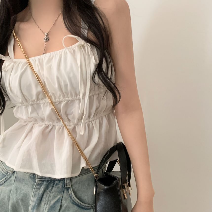 Ruched Peplum Square Neck Tie Strap Tank Top