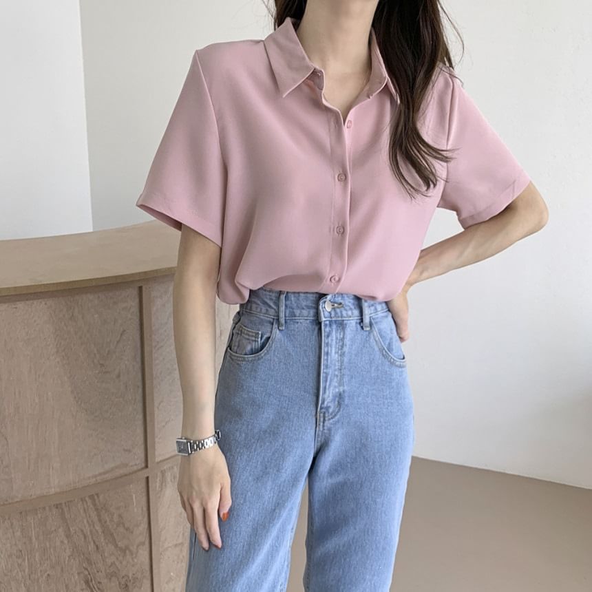 Loose-Fit Plain Short Sleeve Blouse