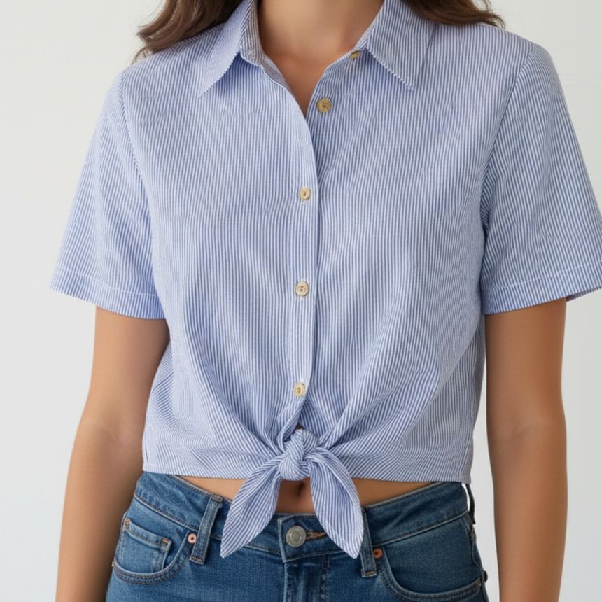 Short Sleeve Striped Knotted Crop Shirt