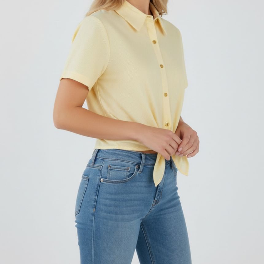 Short Sleeve Striped Knotted Crop Shirt