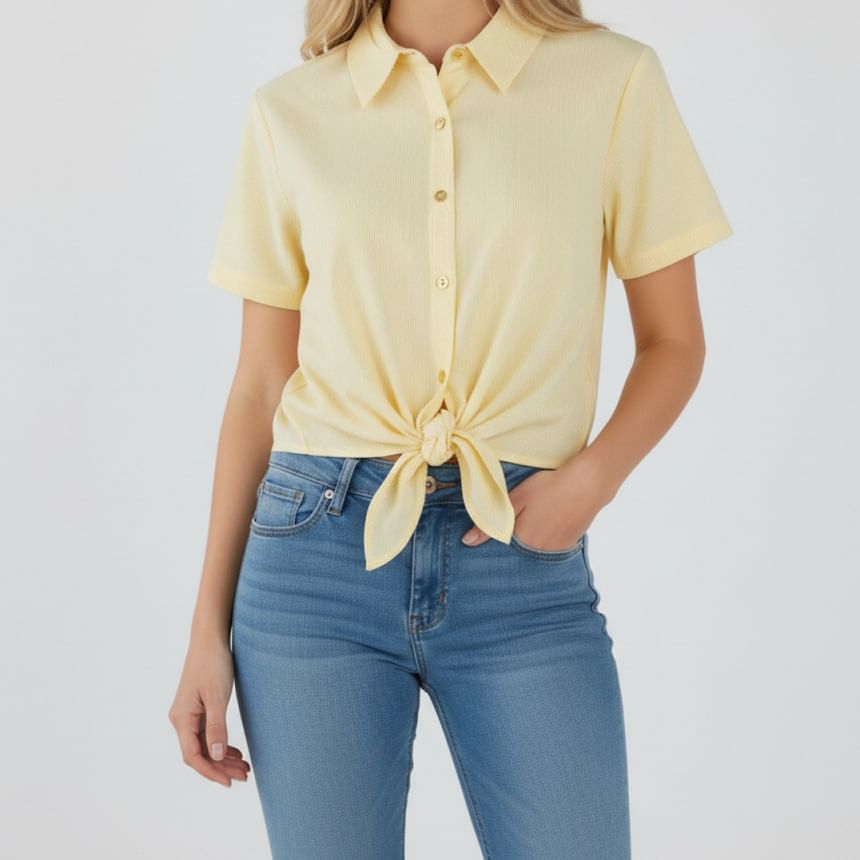 Short Sleeve Striped Knotted Crop Shirt