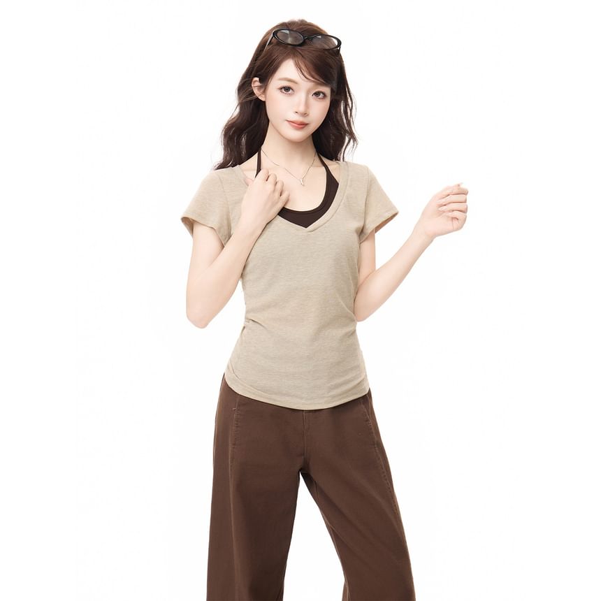 Short Sleeve V Neck Plain Slim Fit Top Halter Neck Camisole