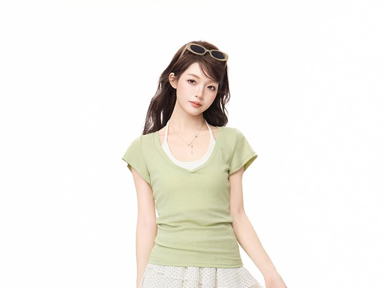 Short Sleeve V Neck Plain Slim Fit Top Halter Neck Camisole