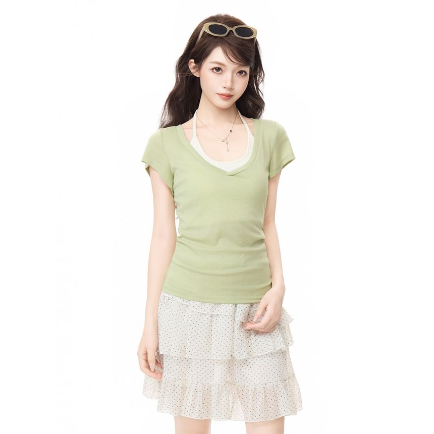 Short Sleeve V Neck Plain Slim Fit Top Halter Neck Camisole