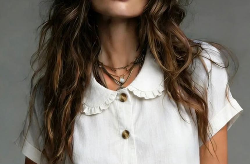 Short Sleeve Frill Collar Plain Blouse