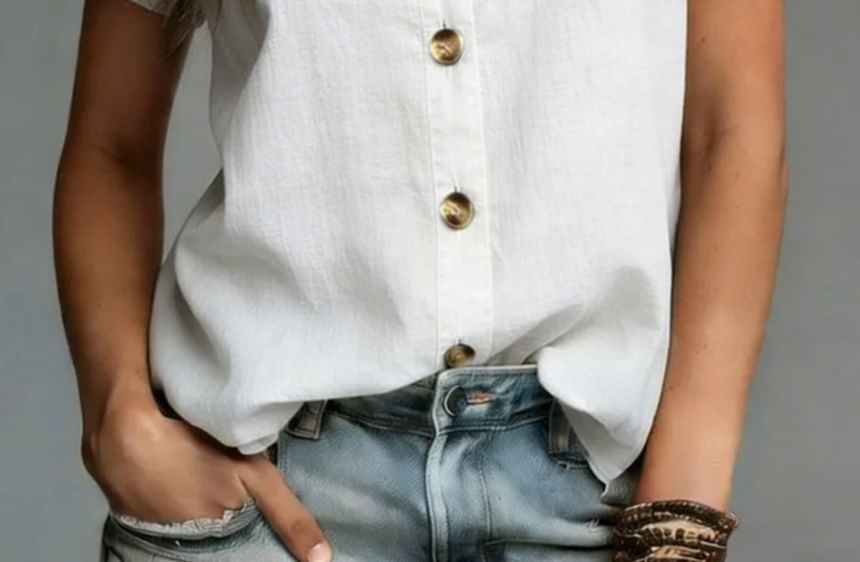 Short Sleeve Frill Collar Plain Blouse