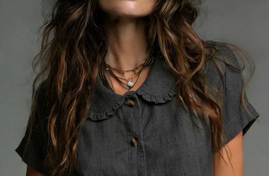 Short Sleeve Frill Collar Plain Blouse