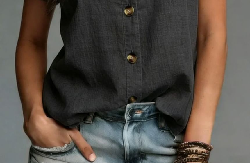 Short Sleeve Frill Collar Plain Blouse