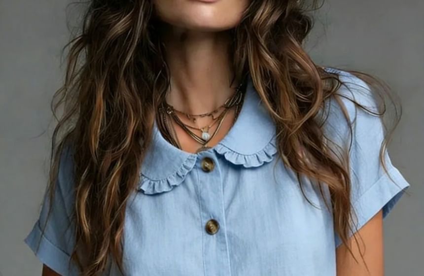 Short Sleeve Frill Collar Plain Blouse