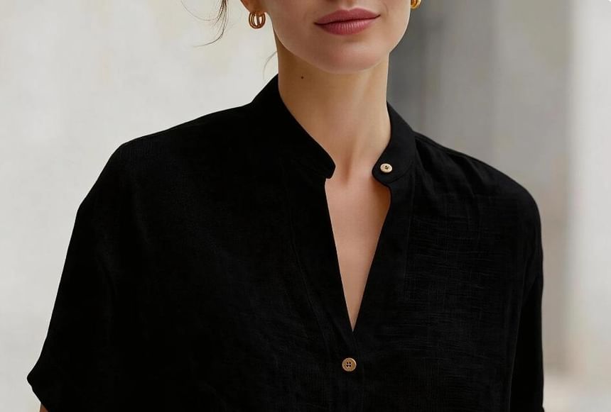 Short Sleeve Band Collar Plain Blouse