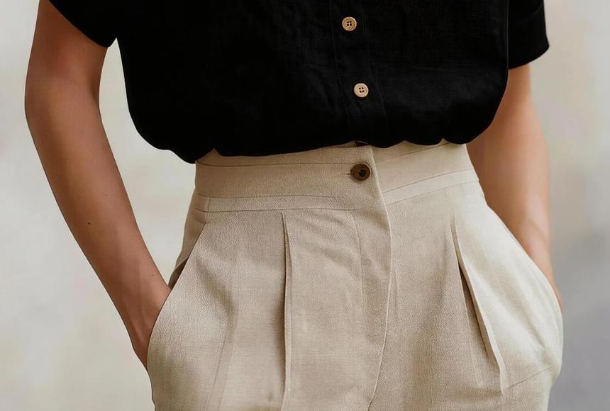 Short Sleeve Band Collar Plain Blouse