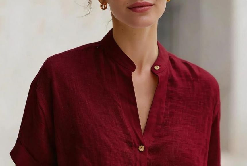 Short Sleeve Band Collar Plain Blouse