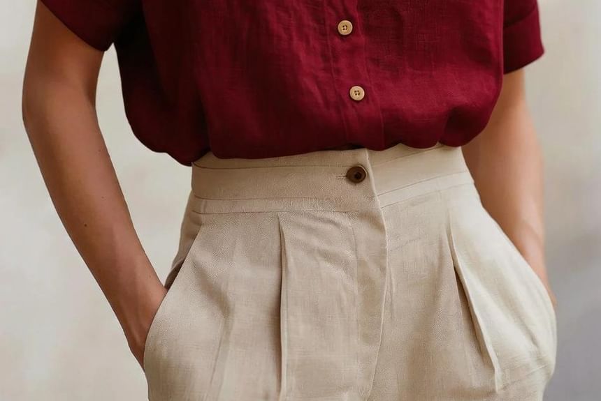 Short Sleeve Band Collar Plain Blouse