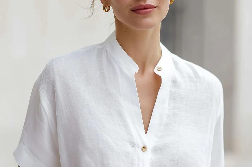 Short Sleeve Band Collar Plain Blouse