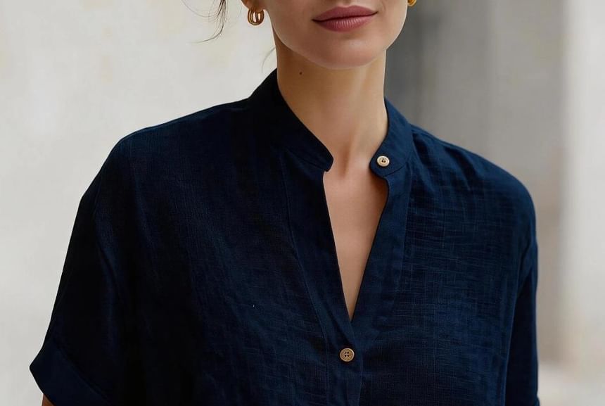 Short Sleeve Band Collar Plain Blouse