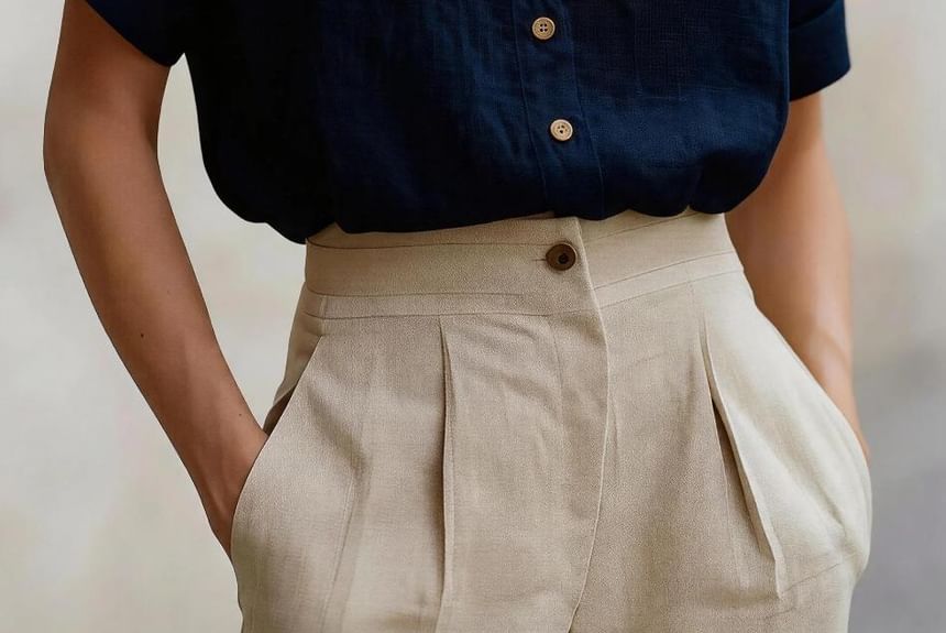 Short Sleeve Band Collar Plain Blouse