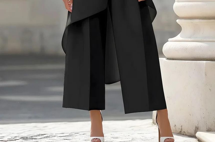 Set: Sleeveless Stand Collar Plain Asymmetrical Top + High Waist Wide Leg Pants