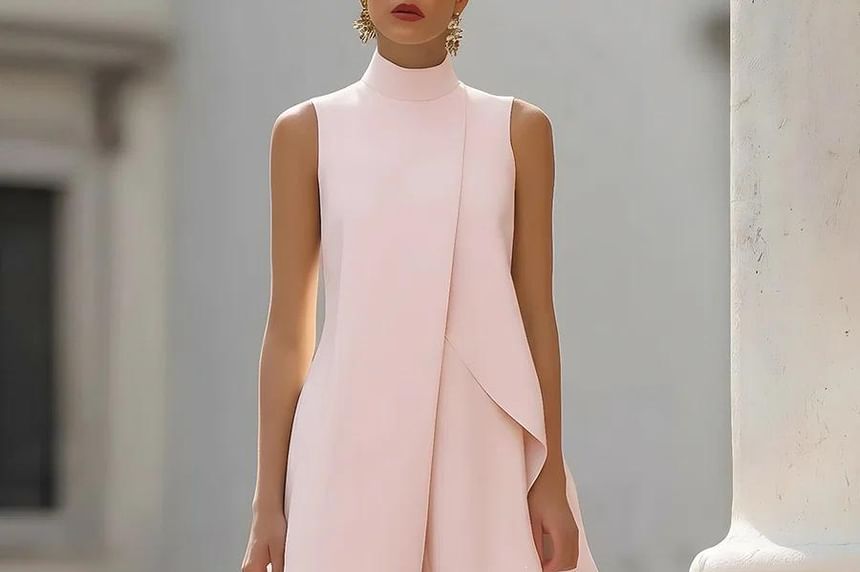 Set: Sleeveless Stand Collar Plain Asymmetrical Top + High Waist Wide Leg Pants