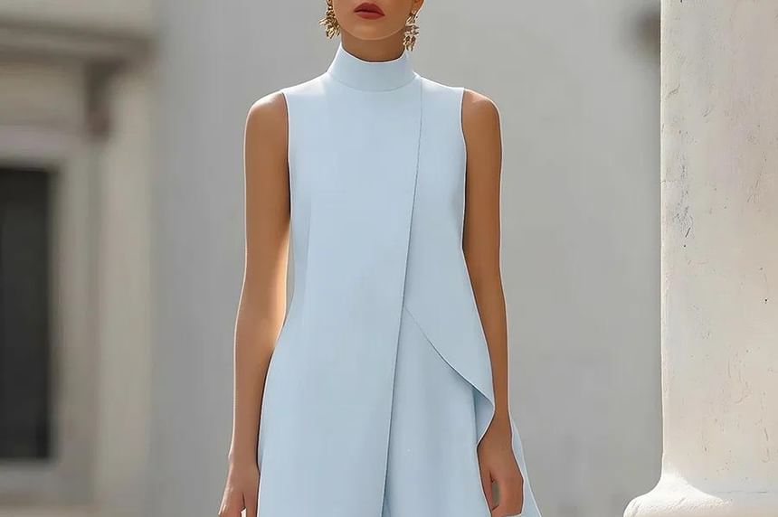 Set: Sleeveless Stand Collar Plain Asymmetrical Top + High Waist Wide Leg Pants