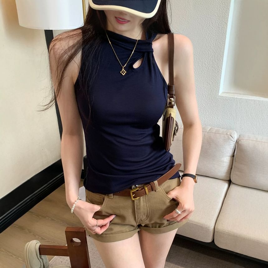 Sleeveless V-Neck Plain Asymmetrical Top