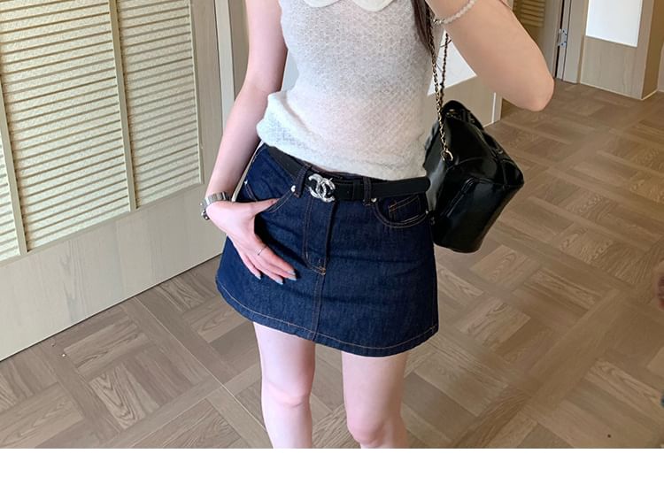 Short-Sleeve Collared Plain Textured Knit Top