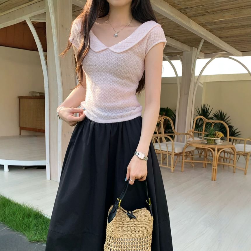 Short-Sleeve Collared Plain Textured Knit Top