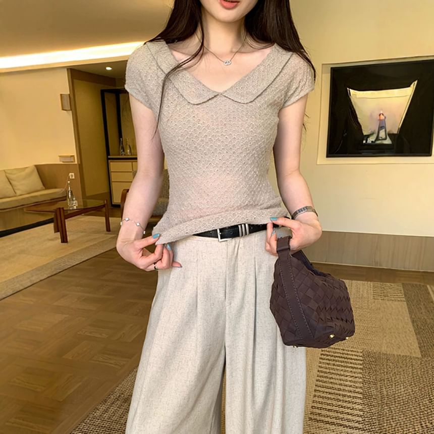 Short-Sleeve Collared Plain Textured Knit Top