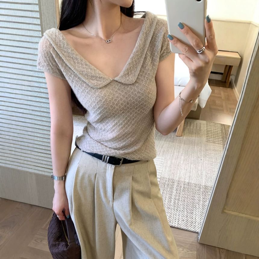 Short-Sleeve Collared Plain Textured Knit Top