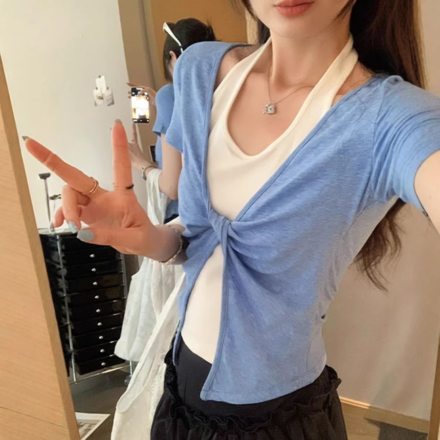 Short-Sleeve Halter Neck Mock Two Piece Crop T-Shirt