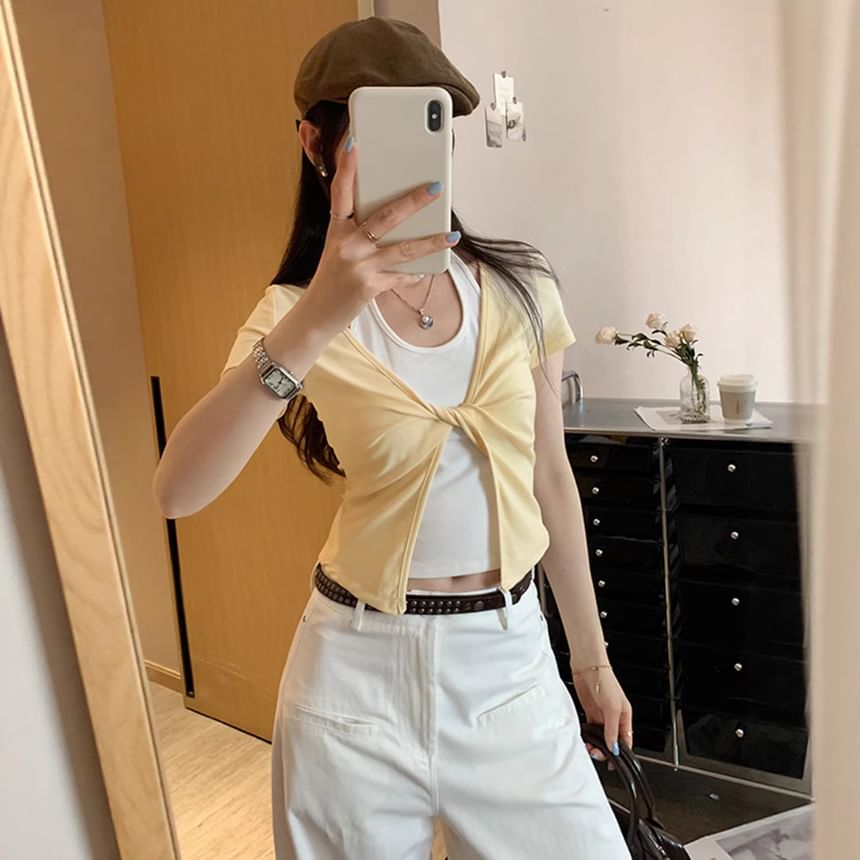 Short-Sleeve Halter Neck Mock Two Piece Crop T-Shirt