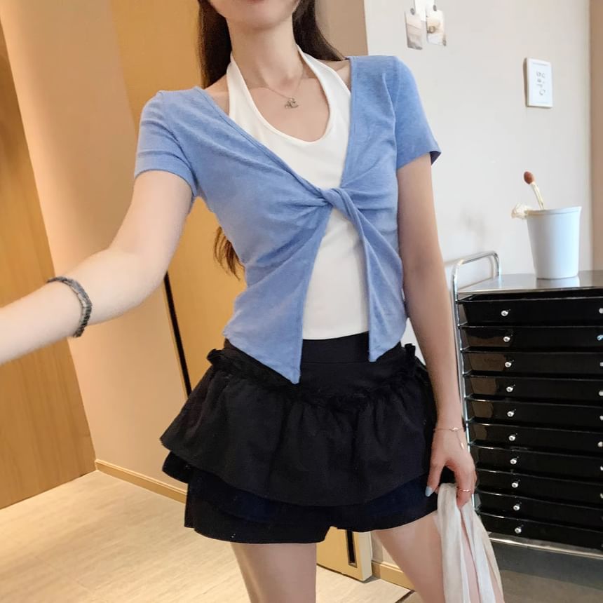 Short-Sleeve Halter Neck Mock Two Piece Crop T-Shirt