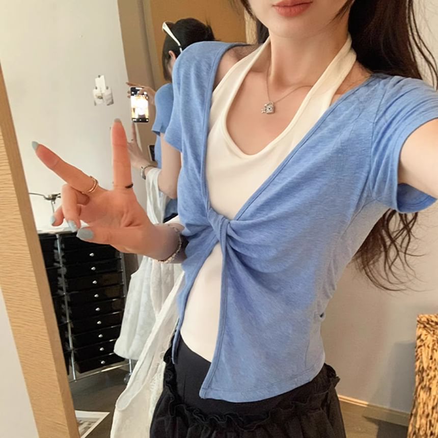 Short-Sleeve Halter Neck Mock Two Piece Crop T-Shirt