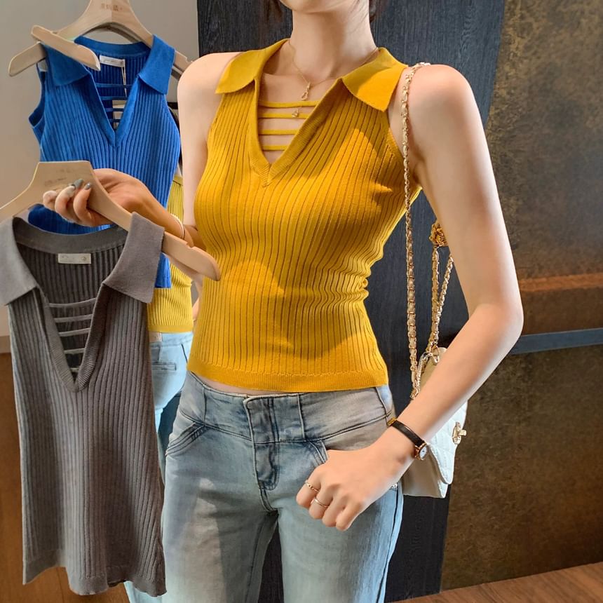 Sleeveless Collared V-Neck Plain Ribbed Knit Cropped Top