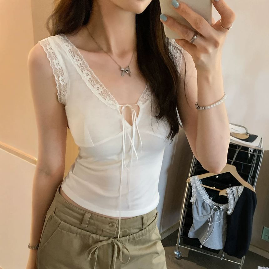 Sleeveless V-Neck Plain Lace Trim Top
