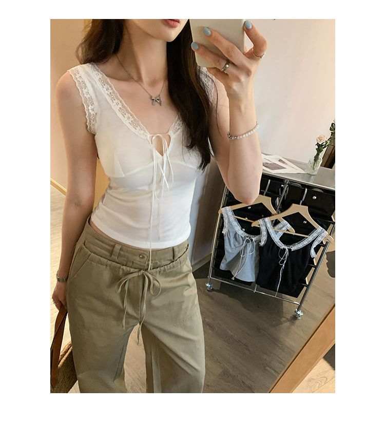 Sleeveless V-Neck Plain Lace Trim Top
