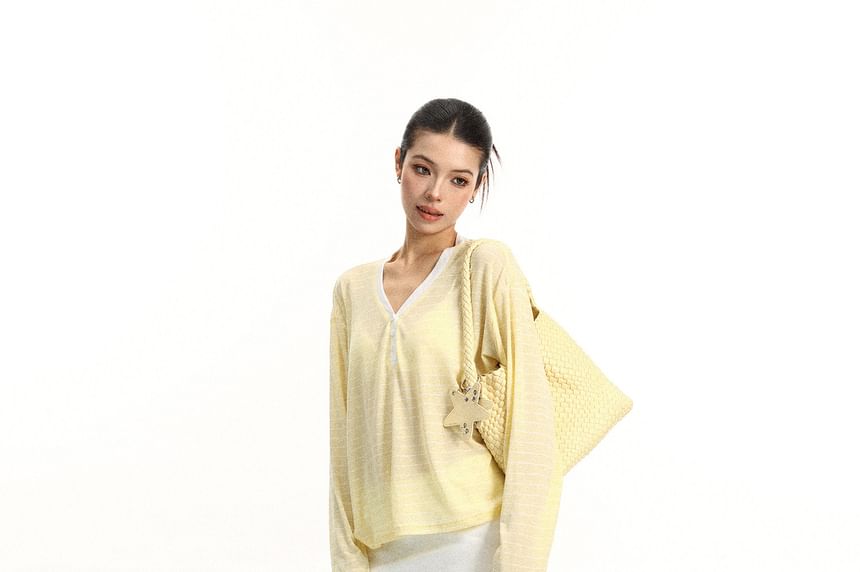 Long-Sleeve V-Neck Striped Contrast Trim Sheer T-Shirt