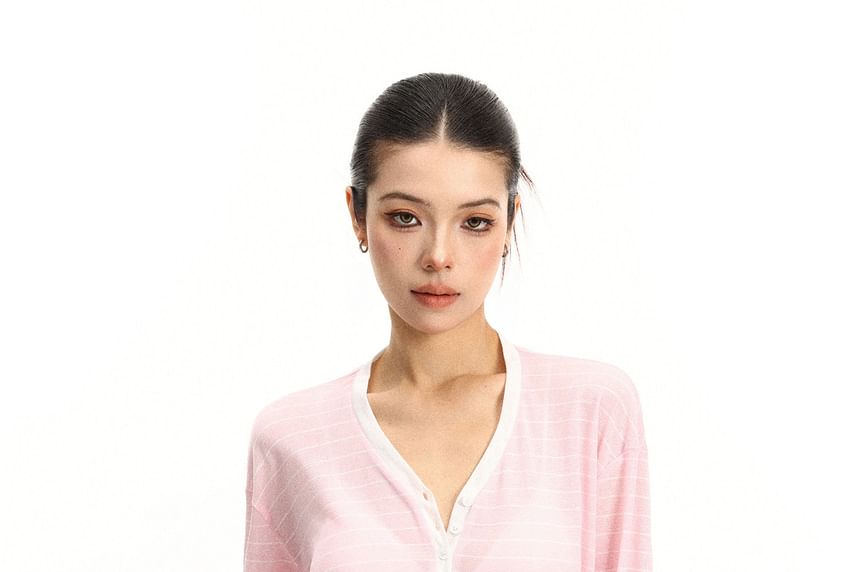Long-Sleeve V-Neck Striped Contrast Trim Sheer T-Shirt