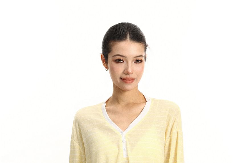 Long-Sleeve V-Neck Striped Contrast Trim Sheer T-Shirt