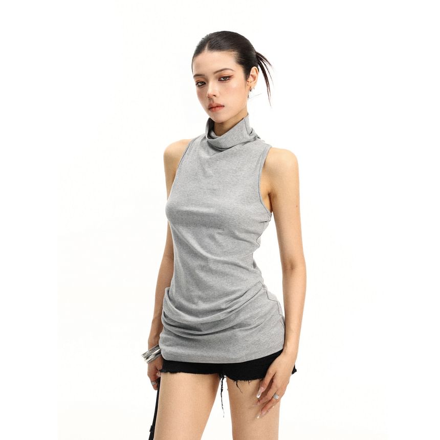 Turtleneck Plain Twisted Racerback Slim Fit Tank Top