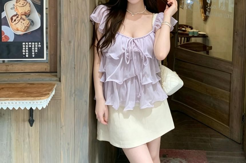 Sleeveless Scoop Neck Plain Ruffle Trim Top